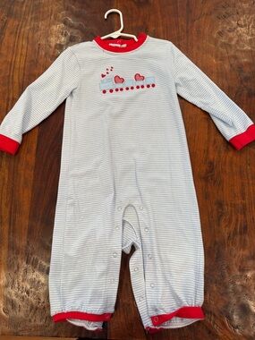 Baby Girls Striped Heart Train One-Piece in Light Blue and Red